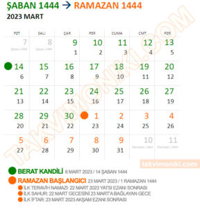 Mart 2023 Hicri Takvim Şaban 1444 - Ramazan 1444 Görsel Takvim