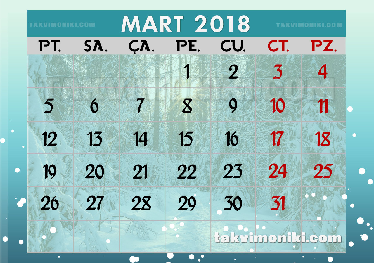 2018 Mart Ayı Takvimi