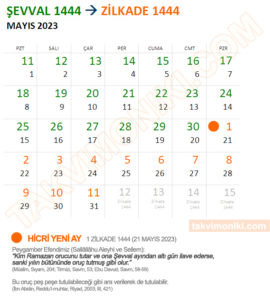Mayıs 2023 Hicri Takvim Ramazan 1444 - Şevval 1444 Görsel Takvim